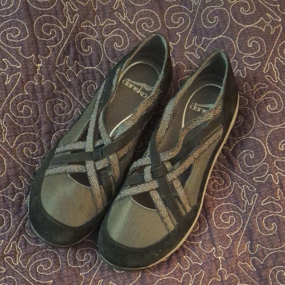 Dansko Black and Gray Flats with Criss-Cross Design